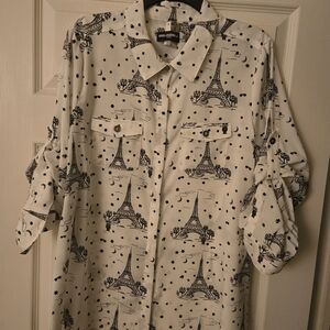 Karl Lagerfeld White Button-Up Shirt with Black Eiffel Tower Print